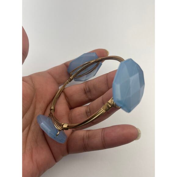 Vintage Blue Faux Stone Wrapped Wire Bangle Bracelet B18 - Picture 12 of 12